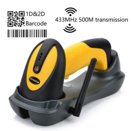 Scanners 500m Long Transmission Distance Barcode Scanner Yellow Colour Wireless QR Reader for Warehouse 433MHz Bar Code Reader with Stand