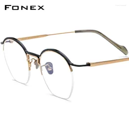Sunglasses Frames FONEX Pure Titanium Eyeglasses Frame Men 2024 Semi Rimless Round Glasses Women Half Rim Eyewear F90035