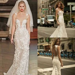 V Deep Spaghetti Dresses Berta Neck Sexy Full 3D Floral Applique Sweep Train Bridal Gowns Custom Made Wedding Dress