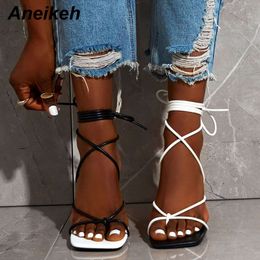 2023 Fashion Sexy Lace Up Women Sandals Square Toe 9CM Thin Cross Tied Party Shoes High Heel Black White Size 35-42