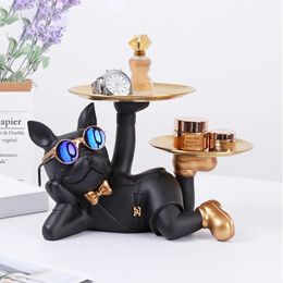 Resin Bulldog Desktop Storage Statue Animal Sculpture Dining Table Decor Multi Functional Office Home Decoration Tray Decor 240507