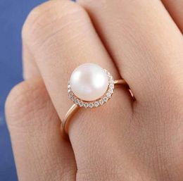 Fashion Zircon Rose Gold Pearl Ring Charm Lady Elegant Girl Jewelry Cocktail Birthday Gift Size Us610 Cluster Rings2537143