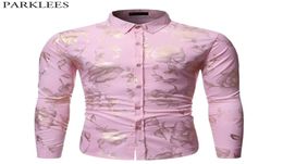 Gold Rose Print Pink Shirt Men Stylish Slim Fit Long Sleeve Mens Dress Shirts Party Wedding Club Social Shirt Chemise Homme 2104109301650