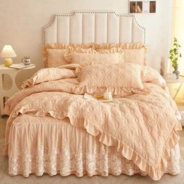 Bedding Sets Cotton Solid Color Quilted Comforter Set Soft Breathable White Lace Ruffle Edge Duvet Cover Bedskirt Pillowcase 4Pcs
