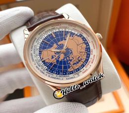 New Geophysic Universal Time Automatic Q8102520 8102520 Blue Map Dial Mens Watch Rose Gold Case Leather StraP HWJL Gents Watches H1215203