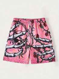 Men's Shorts Mens Summer Rose and Sketon Hand Painted Printed Shorts Mens Fashion Trend Breathable Quick Drying Shorts Mens Casual Shorts H240508