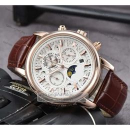 Sub Work Automatic Date Men Stopwatch Watches Mens Genuine Leather Band Quartz Movement Clock Moon Star Dial Super Bright Popular Watch Gifts 8499