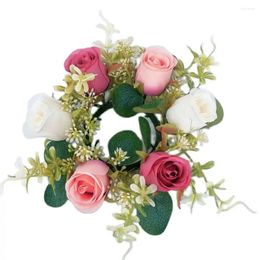 Decorative Flowers Farmhouse Style Wreath Elegant Artificial Rose Candle Ring Set With Colourful Green Leaves For Home Wedding Party