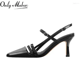 Dress Shoes Onlymaker Women Pointed Toe Sandals Blac Patent Leather Ankle Buckle Sling- Backs Thin High Heels Summer