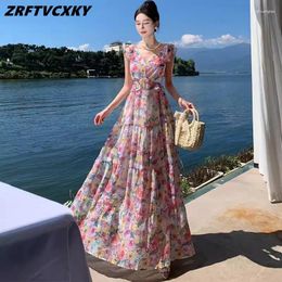 Casual Dresses Runway Flower Print V-neck Holidays Dress For Women Designer Ruffled Summer Sleeveless Long Ladies Backless Lace Up