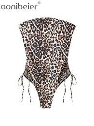 Women's Jumpsuits Rompers Aonibeier Ultra Thin Leopard Print Women Bodysuit Traf Summer Sleless Backless Strapless Slim Short Fe Playsuit Y2K Beach d240507