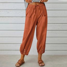 Women's Pants High Waisted Buttoned Drawstring Lace Up Pockets Simple Casual Cropped Trousers Spring Summer Solid Colour Wide Leg