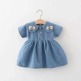 Girl's Dresses Summer 2024 Korean Baby Girl Dress Peter Pan Neck Lace Bow Single Chest Childrens Girl Dress Loose Thin Denim Baby Girl DressL2405