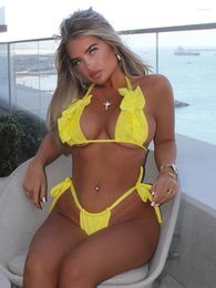 Women's Swimwear 2024 Sexy Low Waisted Bikini Set Swimsuit Women Strappy Ruffle Solid Halter Beachwear Bathing Suits Biquini