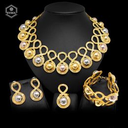 Nigerian Women Wedding Necklace Jewellery Set Two Tone Plating 24K Brazilian Gold Plated Style For Festive Banquet Occasions SYHOL 240425