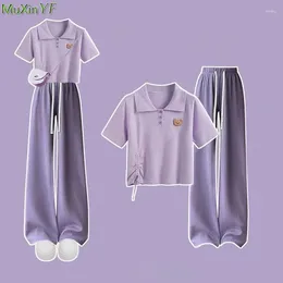 Women's Two Piece Pants Women Preppy Style Cute Bear Short Shirring Polo Shirts Wide Leg 1 Or 2 Set Korean Student Summer Tops Trousers Suit
