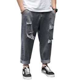 Plus Size Men's Ripped Jeans, Casual Loose Cropped Pants, Trendy Fatty Daddy Pants