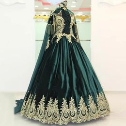 Luxury Arabic Turkish Evening Formal Dresses Dark Green Long Wrap Satin Floor Length Prom Dress Muslim Special Occasion Gowns With Gold Lace Appliques Beaded Top