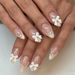 False Nails 24pcs Short Almond Press on Nails White French Pearl Bow Design False Nail Manicure Removable Ins Simple Artificial Nail Tips T240507