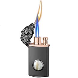 Wholesale Wolf Head Model Butane Lighter Double Flame Cigarette Lighter With Visible Gas Unfilled Window