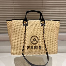 Designer Women Chain Embroidery Straw Beach Bag France Luxury Brand Linen Sandy Beach Tote Shopping Handbag Lady Chain Strap Large Capacity Vacation Shoulder Bags