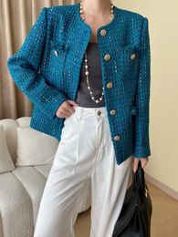 Women's Jackets High Quality Gold Button Tweed Tassel O Neck Long Sleeve Single Breasted Jacket Blue Elegant Casual Weave Blazer