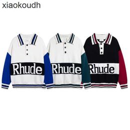 Rhude High end designer clothes for Chaopai Letter Jacquard Panel Contrast Polo Knitted Shirt Mens and Womens Sweater Coat With 1:1 original labels