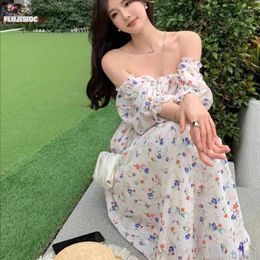 Party Dresses Puff Sleeve Design 2024 Woman Summer Flare Romantic Holiday Date Girls Ruffles Long Off Shoulder Dress
