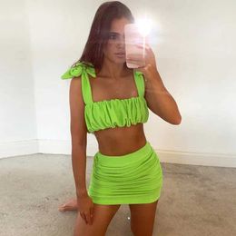 Two Piece Dress Womens Outfits Skirt Suit Solid Colour Pleated Double Sides Strap Sling Slim Vest + High Waist Skirt Simple Two-piece Set Y240508