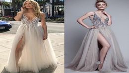 2018 Sexy Grogeous Sheer Beaded Top Vneck Eveing dress Prom dress Long Sliver Sequin Beads Mix Tulle Party Dress Backless Spl9785695