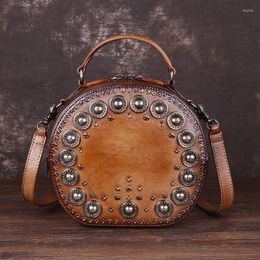 Bag One Shoulder Lady's 2024 Vintage Leather Hand Riveted Round Handbag