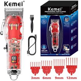 Electric Shavers Kemei Rechargeable Hair Cutting Machine Barber Shop Fade Hair Clippers Cordless Trimmer Transparent Cover Red Base KM-1761 246 T240507