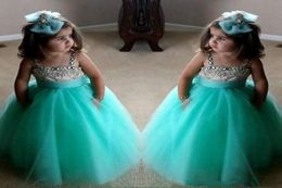 Cute Turquoise Green Flower Girls Dresses Spaghetti Birthday Gowns Straps Crystal Beaded Tulle Toddler Pageant Dresses For Girls4877838