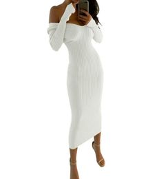 Women Dresses Winter Sexy Clubwear Off The Shoulder Skinny Slash Neck Long Sleeve Solid Bodycon Dress Office Lady MidCalf White Y8286951
