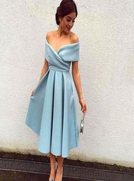 Cheap Sexy Short Prom Dresses 2016 Glamorous Off Shoulder Elegant Light Sky Blue A Line Satin Dress Party Evening Tea Length Fast 7434153