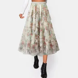 Skirts Summer For Women 2024 Mid Length Skirt Dance Party A Line Flower Prints Mesh Holiday Costume Half Faldas