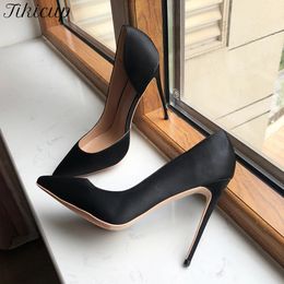 Tikicup Women Black Silk Satin DOrsay Stiletto Pums Pointe Toe Slip on Elegant Ladies Formal Fashion Chic High Heel Dress Shoes 240429