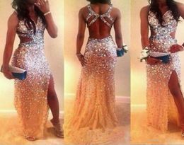 2019 Luxury Beaded Sexy Prom Dresses High Quality Shining Long Prom Party Dresses With Cross Back Side Slit Formal Evening Dress F1470404