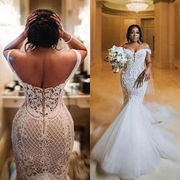 Kleider schicke Schulter Hochzeit Größe off plus Meerjungfrau Brautkleider Reißverschluss Rücken Spitze appliziert Tulle Long Dubai Sweep Zug Customize Vestido de Novia