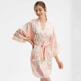 Pyjamas Satin Womens Kimono Bathroom Dress Sexy Printed Flower Evening Dress Silk Bridal Bridesmaid Wedding Dress Soft PajamasL2405