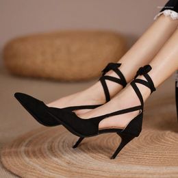 Dress Shoes 2024 Gladiator Sandals Women's Cross Lace Up High Heels Pointed Toe Black Sexy