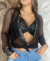 Women's Blouses Transparent Mesh Button Up Shirt And Twisted Bra Set 2024 -Selling Fashion Two-Piece Top