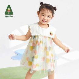 Girl's Dresses Amila Baby Girl Dress 2023 Summer Cute Wave Dot Grid Splice Casual Holiday Sleeveless Dress Childrens and Girls Clothing 0-6YL2405