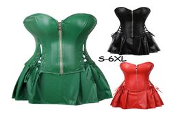 Plus Size S6XL Black Zipper PU Leather Corset Bustier Dress set Overbust Sexy Lingerie Women Lace Up Corselet Tops Skirt Thong6255503
