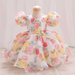 Girl's Dresses Preschool Flower Handle Mesh Bubble Short sleeved Princess Dress V-bow Decoration Sweet Holiday Style Seaside Camping #M139L240508