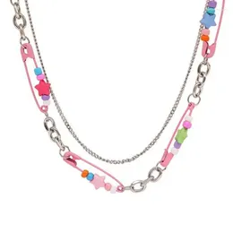 Chains 652F Beaded Necklace Double Layer Pin Splicing Colorful Beads Choker Titanium Steel Material For Girls Teens