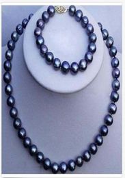 Set of 910mm Natural Tahitian Black Pearl Necklace 18quot Bracelet 758quot 14K Gold7121910