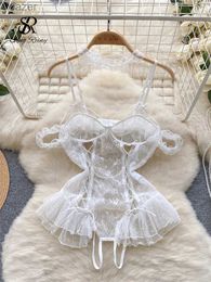 Sexy Pyjamas SINGREINY Lace Camis Open crotch Erotic Bodysuits Hollow Out Transparent Slim Playsuits Women Sexy Lingerie Sheer Porno Rompers WX