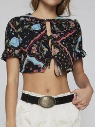 Women's Blouses Women Crop Basic T-Shirts Summer Floral Print Embroidery Tie Front Short Sleeve Tops For Streetwear Aesthetic Clothes