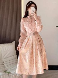 Work Dresses Elegant Pearls Beading Pink Blouse Shirt Belt Floral Jacquard Midi Skirt Suits OL Embroidery Flower 2 Piece Set Women Outfits